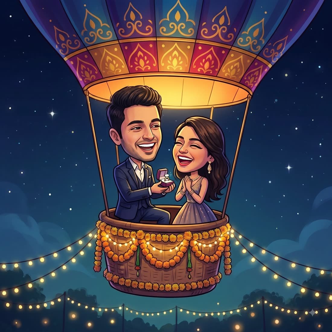 Caricature of Arjun proposing to Kiara in a hot air balloon under the stars