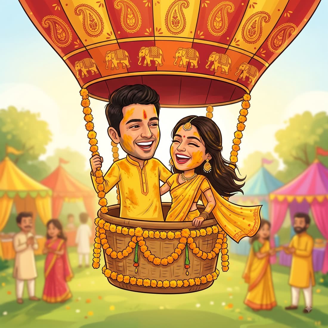 Caricature of the couple in yellow at their Haldi, in a marigold-draped hot air balloon