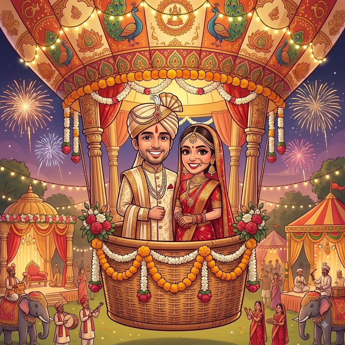 Caricature of Arjun and Kiara in wedding attire inside a mandap-shaped hot air balloon